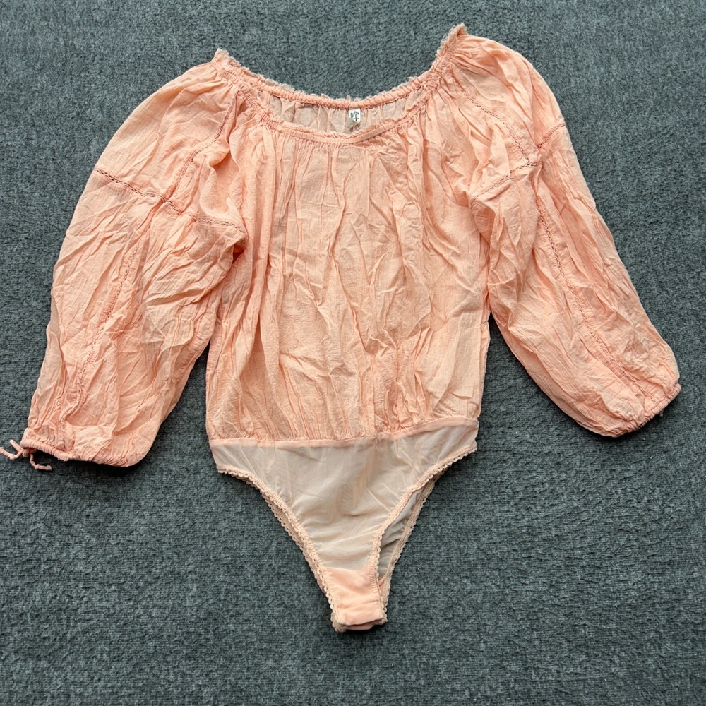 Free People Sundown Balloon Sleeve Bodysuit Pink Peach Small Boho Oversized